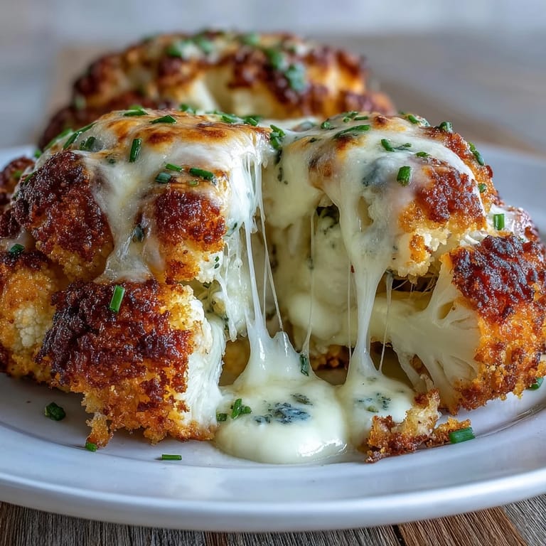 Golden-brown Cheesy Stuffed Cauliflower Head on a rustic tray, revealing a creamy, savory cheese filling inside tender florets.