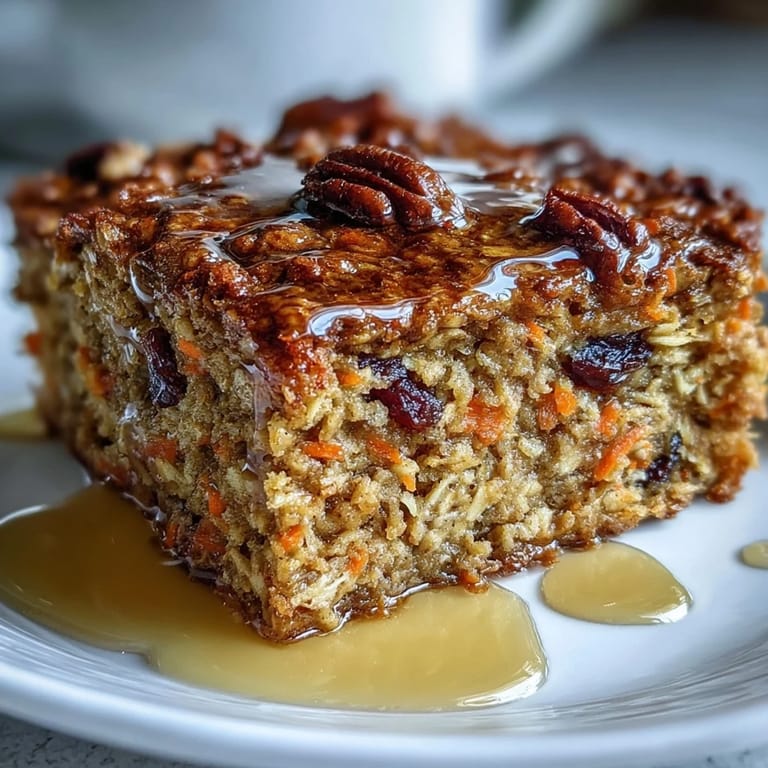 A warm slice of Carrot Cake Baked Oatmeal served with a dollop of Greek yogurt and fresh berries.  