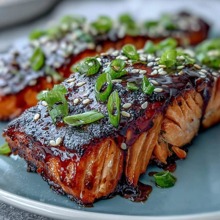 A close-up of Maple Soy Glazed Salmon beside colorful broccoli, snap peas, and bell peppers.