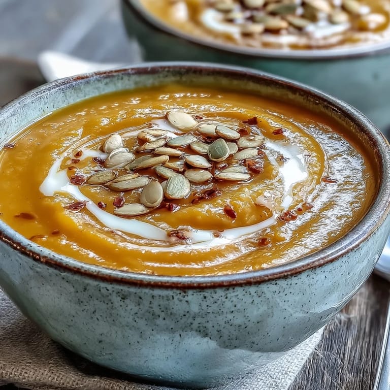 Steaming bowl of homemade Butternut Squash and Apple Soup with a swirl of cream and fresh thyme.