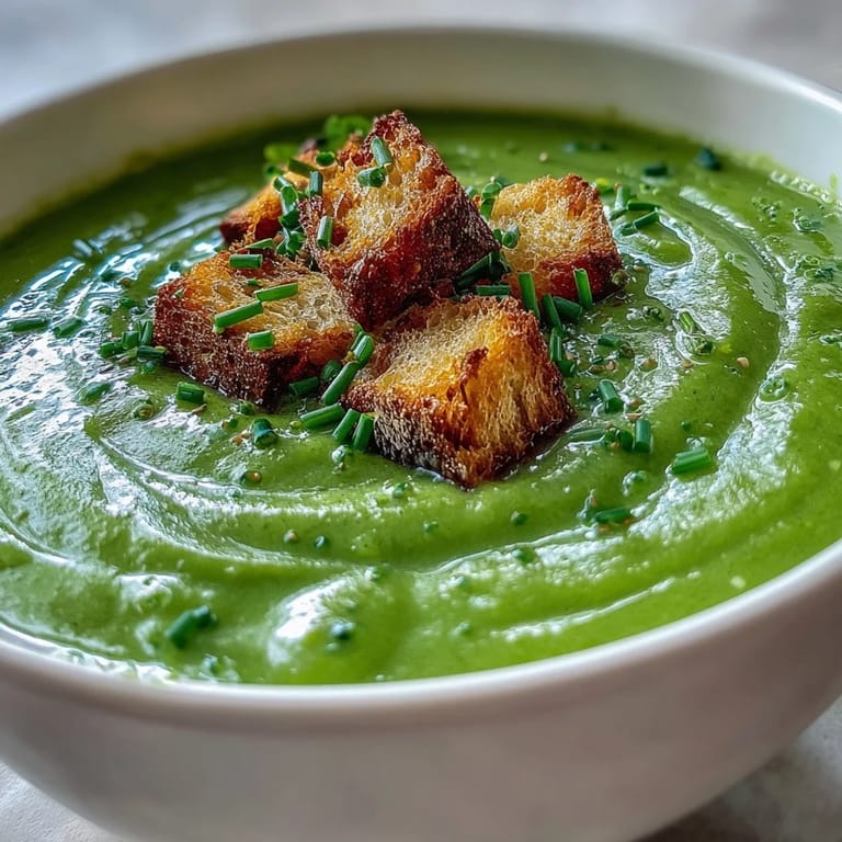 Smooth Cream of Broccoli Soup ladled into a white bowl, with a swirl of cream and broccoli florets.