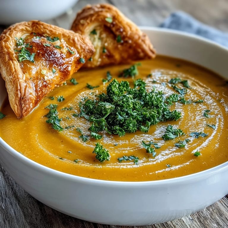 Warm Creamy Broccoli and Butternut Squash Soup With Pastries served in a bowl with extra flaky pastry for dipping.