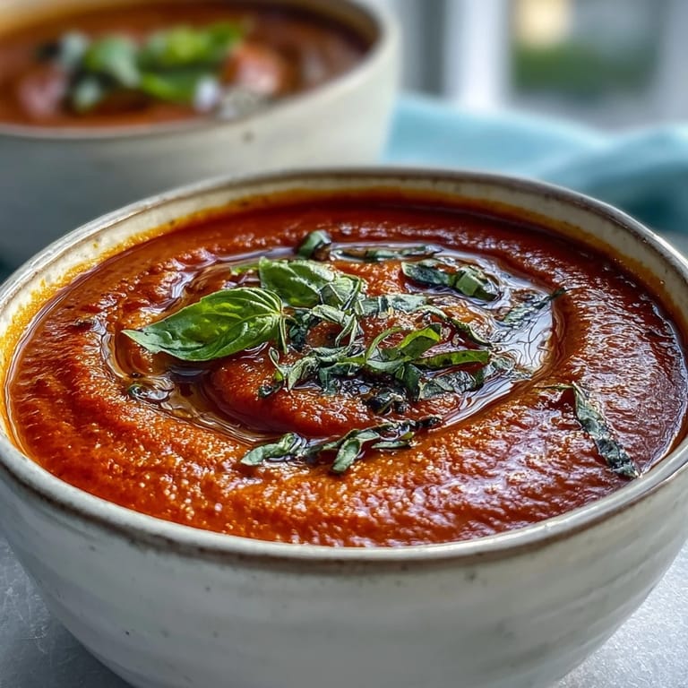 Roasted Tomato Basil Soup in a rustic ceramic bowl, garnished with fresh basil leaves and a swirl of cream.