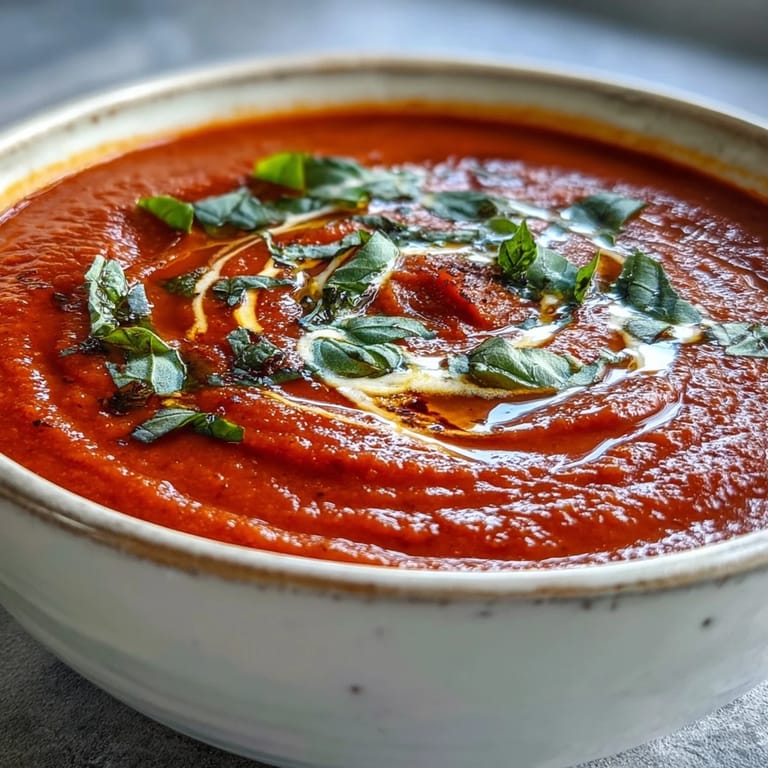 A ladle of Roasted Tomato Basil Soup being poured, highlighting its rich red color and velvety smooth texture.