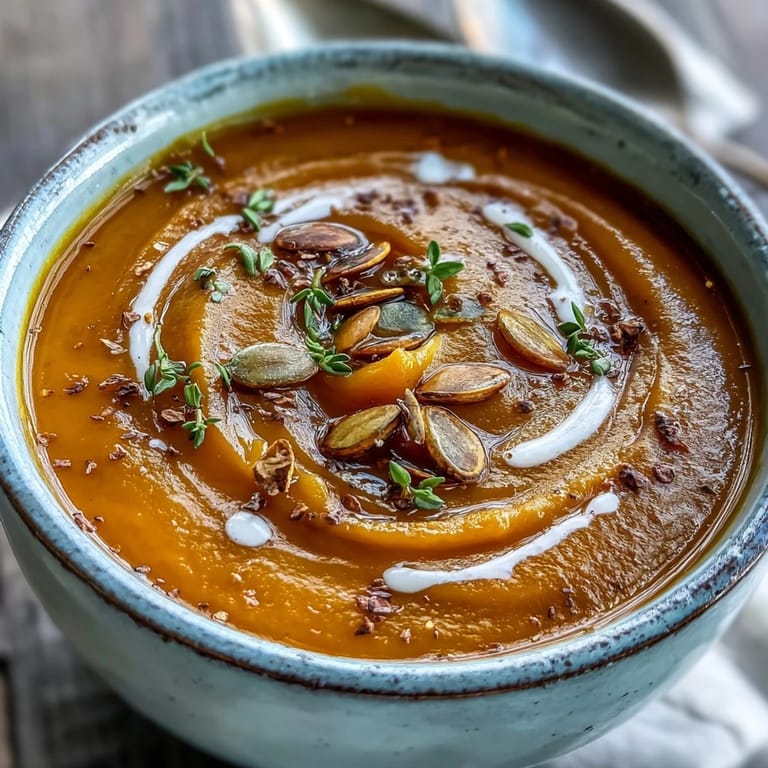 Steam rising from a spoonful of Easy Roasted Butternut Squash Soup served with crusty bread.