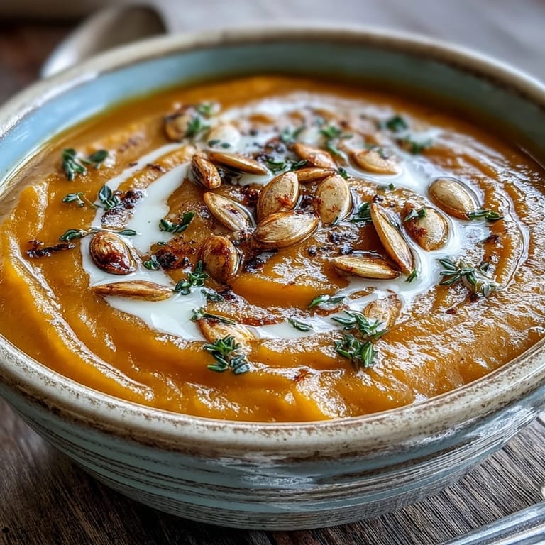 A bowl of Easy Roasted Butternut Squash Soup drizzled with heavy cream on a rustic table. 