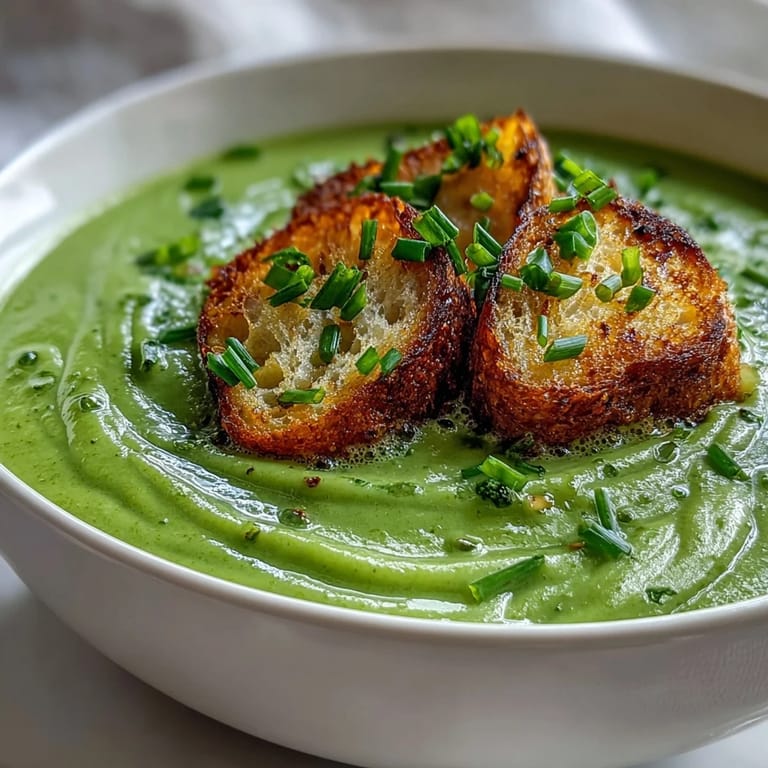 A comforting bowl of Cream of Broccoli Soup beside a slice of crusty bread on a wooden table.