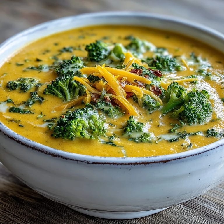 Roasted butternut squash and broccoli florets simmer in creamy cheddar soup, served with crusty artisan bread on the side.