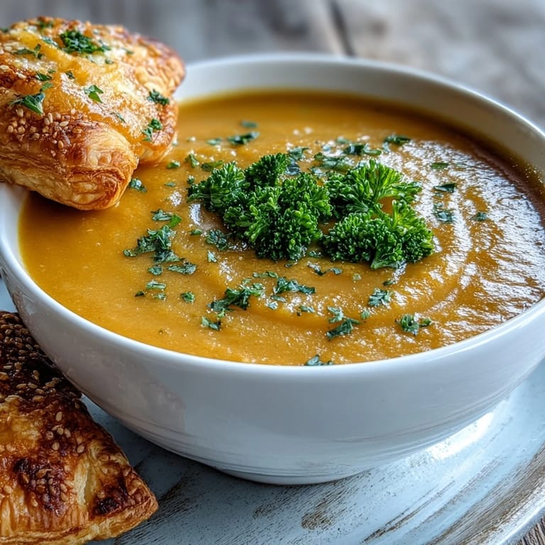 Velvety Creamy Broccoli and Butternut Squash Soup With Pastries beside golden brie cheddar puff pastry squares, steam rising.