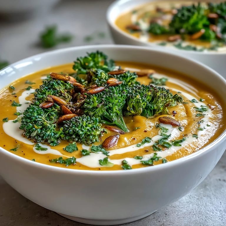 Roasted Broccoli and Butternut Squash Soup topped with parsley and a coconut milk drizzle beside bread.