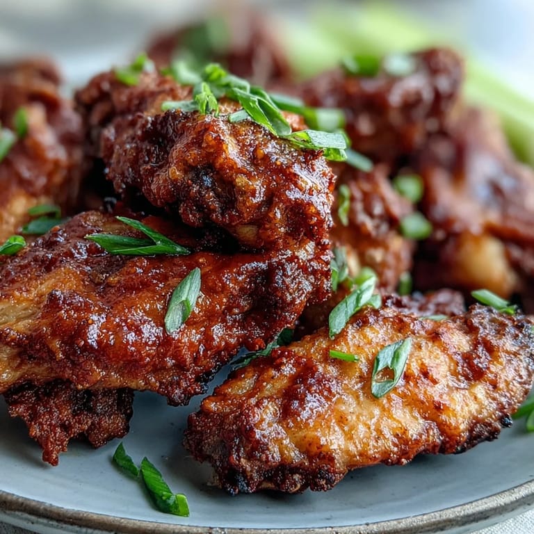 Hot Fried Chicken Wings, tossed in Thai sweet chili sauce, garnished with scallions on a dark serving platter.