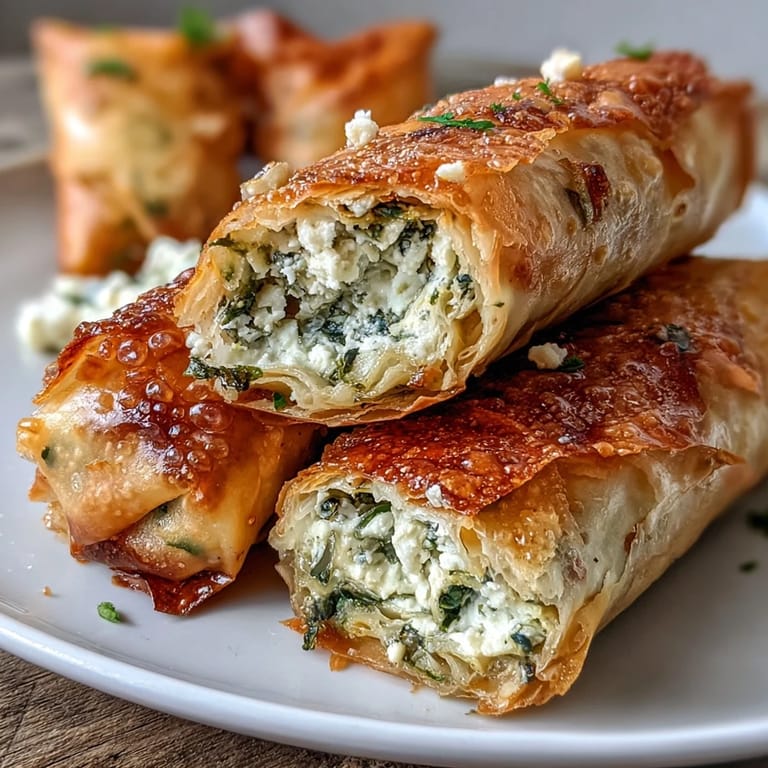 Freshly fried Spanakopita Spring Rolls served on a rustic wooden board with lemon wedges, ready for an appetizer spread.