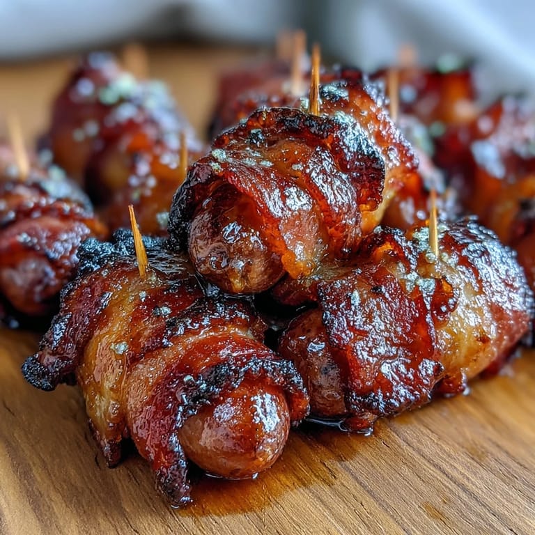 Savory Bacon-Wrapped Smokies served warm with toothpicks on a rustic wooden platter.