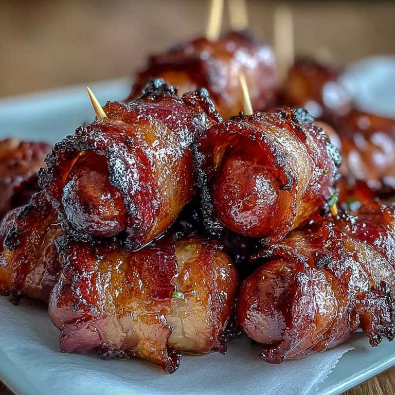 Appetizer platter of Bacon-Wrapped Smokies with a sweet, caramelized glaze ready to serve.