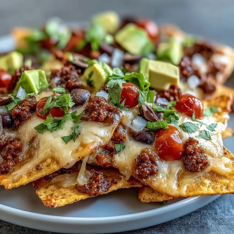 A close-up of delicious Baked Nachos shows bubbling cheese, seasoned beef, and colorful jalapeños, olives, and diced avocado on a rustic platter.