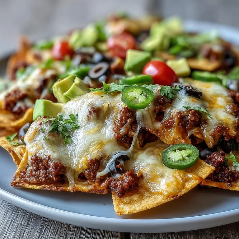 Hearty Baked Nachos are ready to serve with sour cream and salsa, piled high with savory beef, beans, and melty cheese for game day.