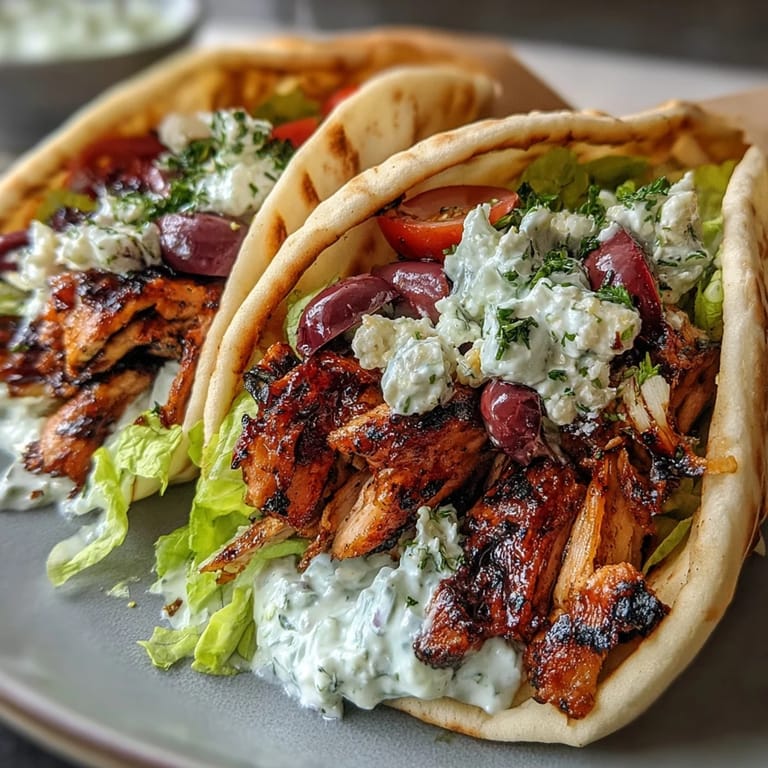 Freshly warmed pita bread holding juicy oregano-marinated chicken, topped with creamy feta tzatziki, red onions, and Kalamata olives on a rustic plate.