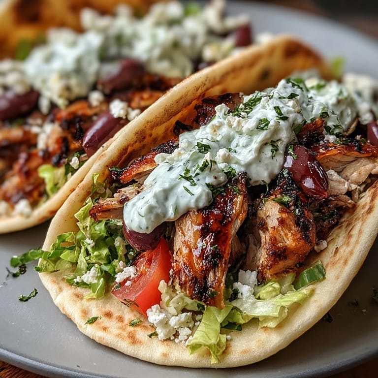 Close-up of tender Mediterranean Chicken Gyros with Creamy Feta Tzatziki, garnished with fresh dill and lemon wedges beside a colorful Greek salad.