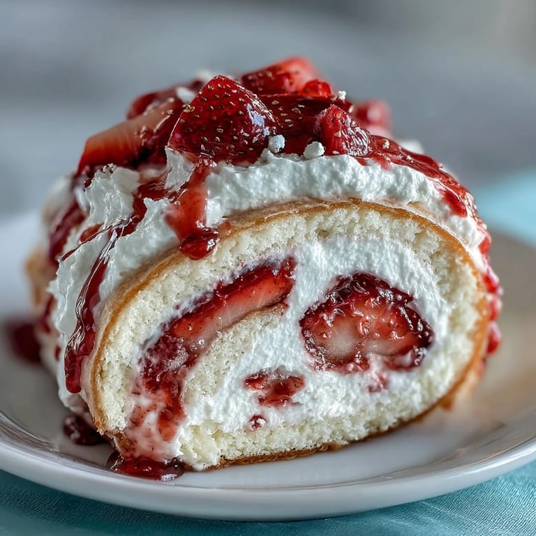View from above of neatly sliced Strawberry Shortcake Sushi Roll rounds, showcasing creamy layers and vibrant berry ribbons.