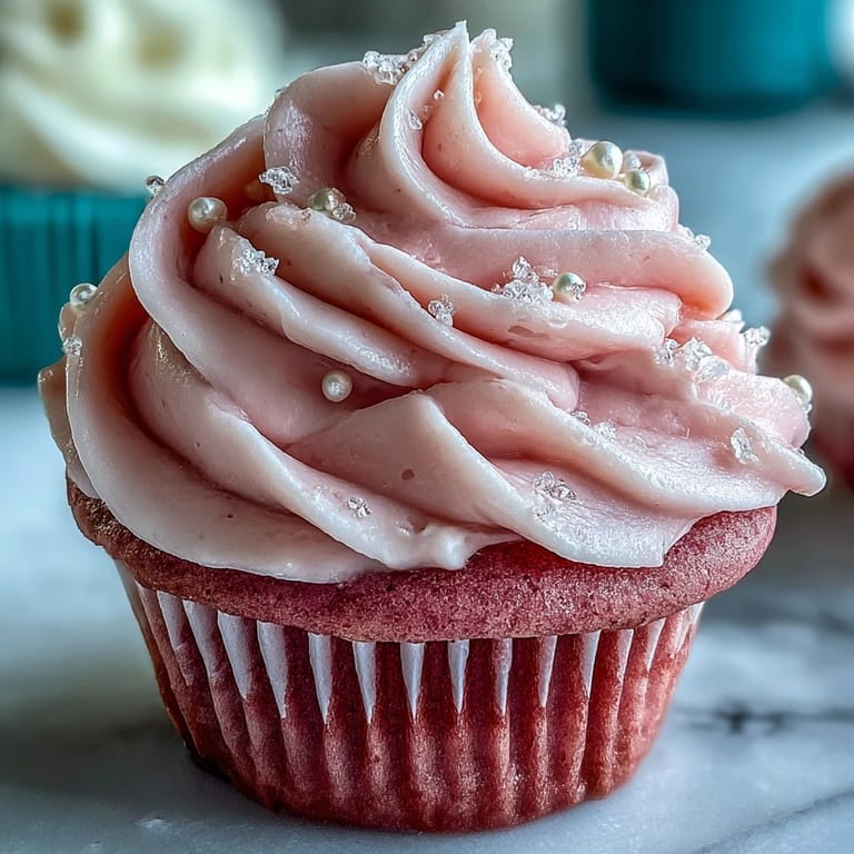 Close-up of a Pink Velvet Cupcake with vanilla buttercream, revealing a moist, blush-pink crumb and a tender, airy texture for a delicious homemade bite.