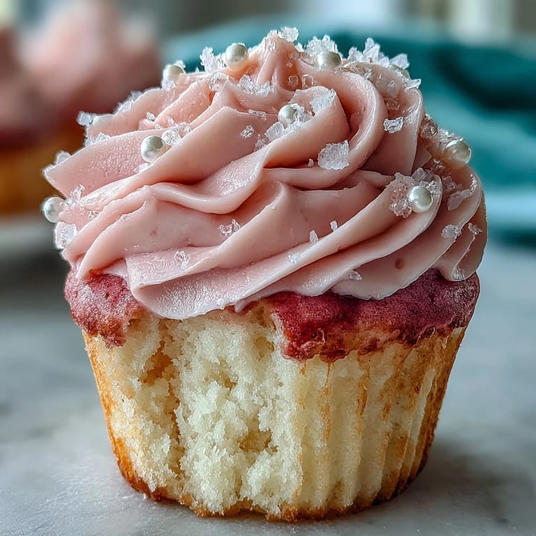 Two Pink Velvet Cupcakes with fluffy vanilla buttercream frosting sit beside a glass of milk, perfect for an afternoon treat or a festive celebration dessert platter.