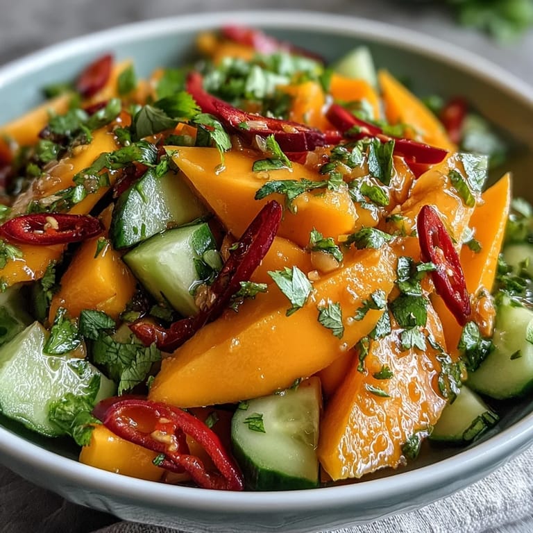 A bright bowl of Refreshing Mango Salad with fresh cilantro and thinly sliced red onions on a rustic table.
