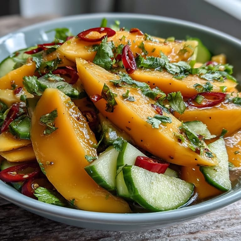 Spicy Thai-inspired Refreshing Mango Salad topped with sliced chilies and lime wedges, ready to serve for lunch.