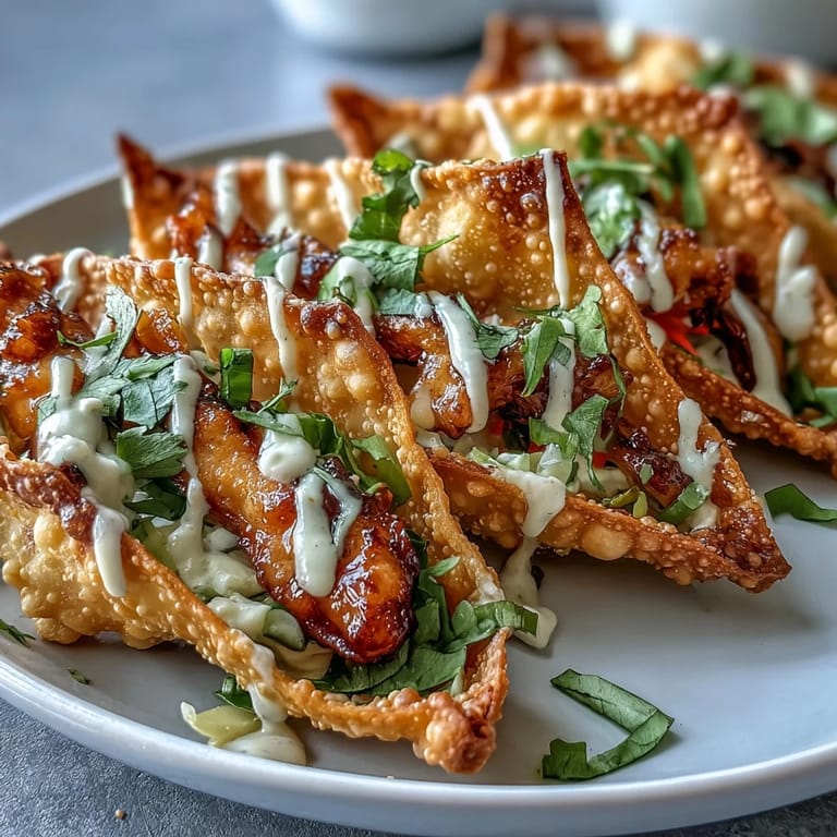 Drizzled with spicy sriracha mayo, Crispy Chicken Wonton Tacos feature smoky marinated chicken strips.