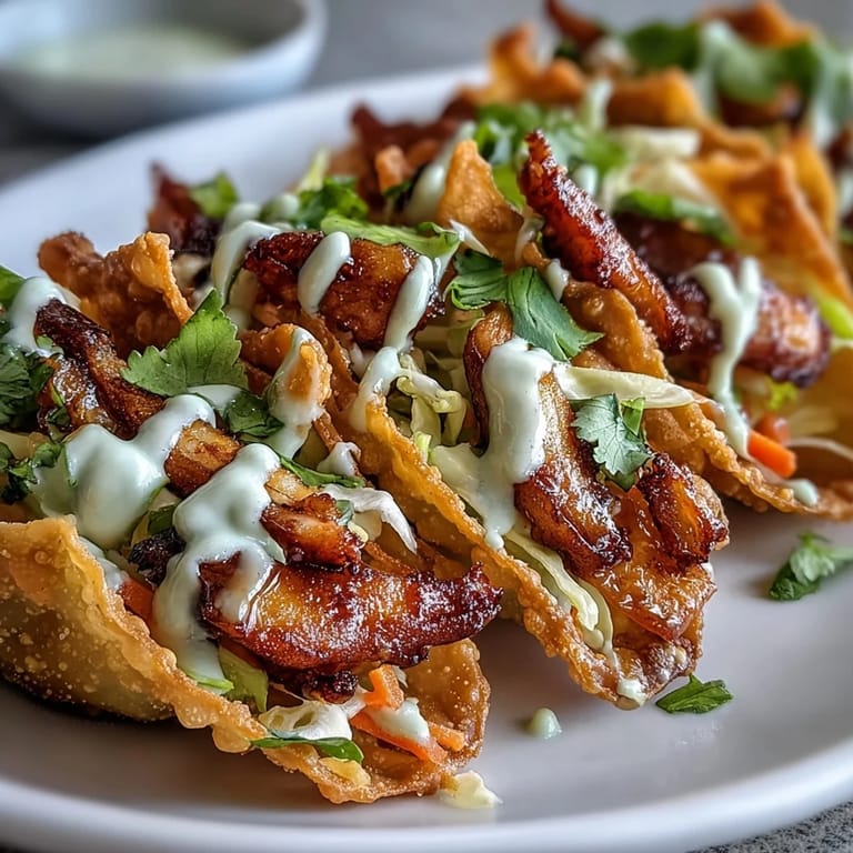 Crispy Chicken Wonton Tacos arranged on white platter with lime wedges and cilantro garnish.