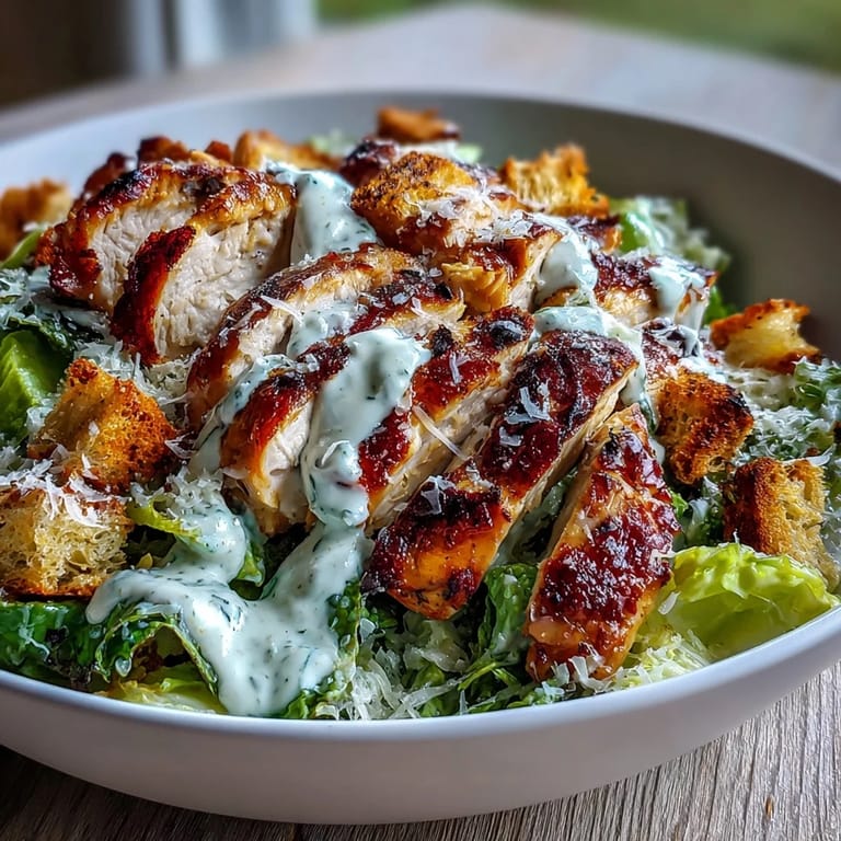 Golden grilled chicken strips arranged over fresh romaine for a Caesar Chicken Bowl, with crunchy croutons and melted parmesan waiting for creamy dressing.
