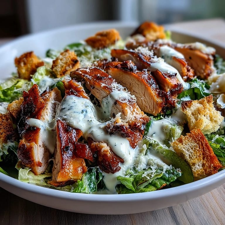 Healthy Caesar Chicken Bowl plated with tender chicken, shredded romaine, grated parmesan, and golden croutons, ready for a satisfying light dinner.