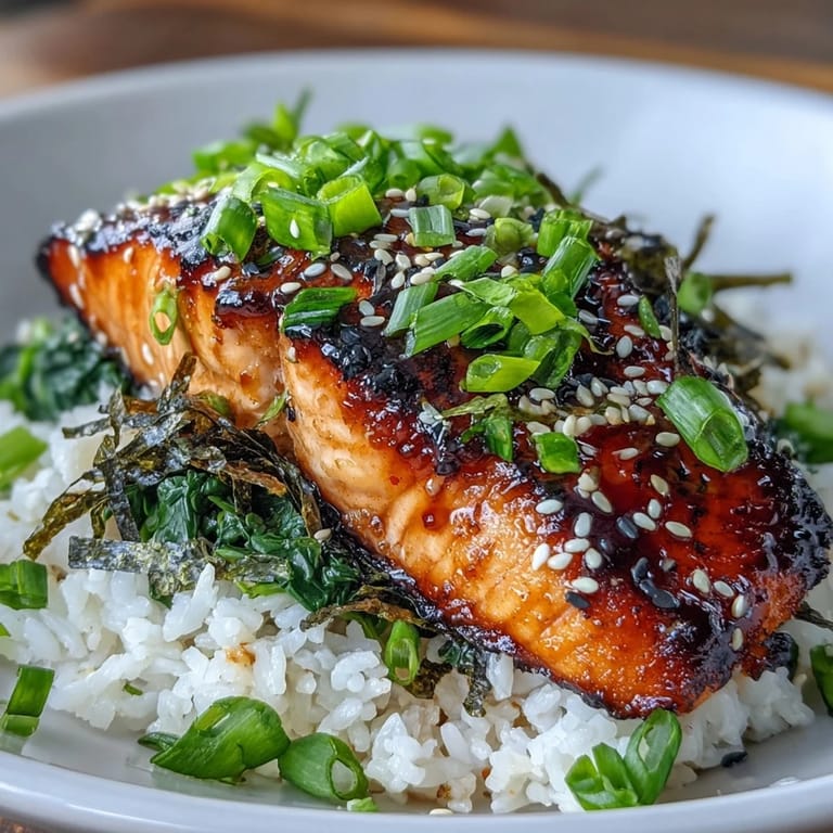 Steaming Miso Glazed Salmon Bowl shows glazed fillet over spinach and jasmine rice, with lime wedges and crunchy sesame seeds nearby.
