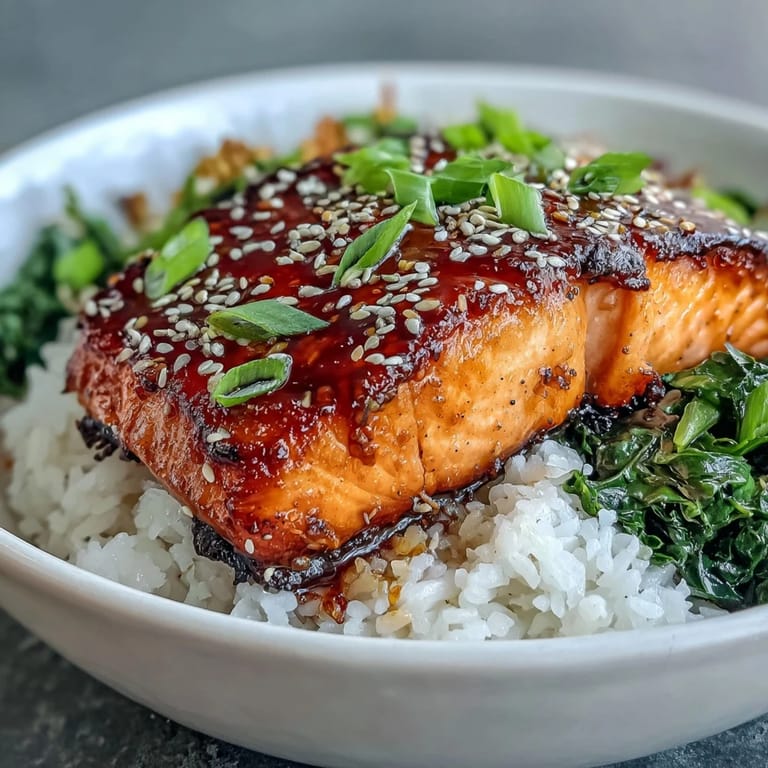 Close-up of Teriyaki Salmon Bowl showing tender salmon, colorful bell peppers, and broccoli served over rice.