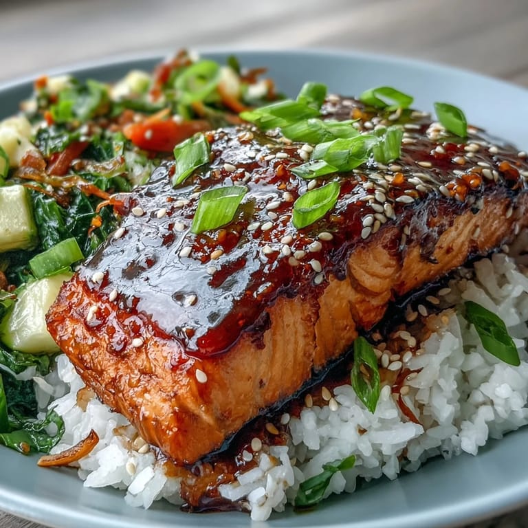 Serving suggestion for Teriyaki Salmon Bowl drizzled with extra sauce and topped with sesame seeds and onions.