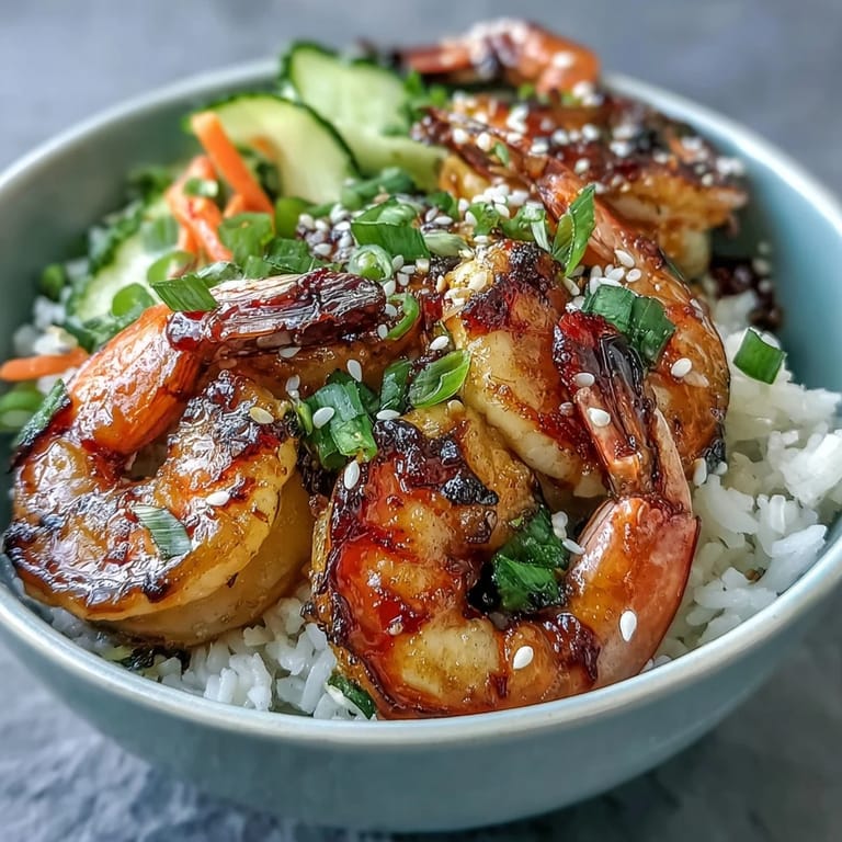 Drizzled with ginger-sesame dressing, the easy Asian Shrimp Bowl is finished with sesame seeds.