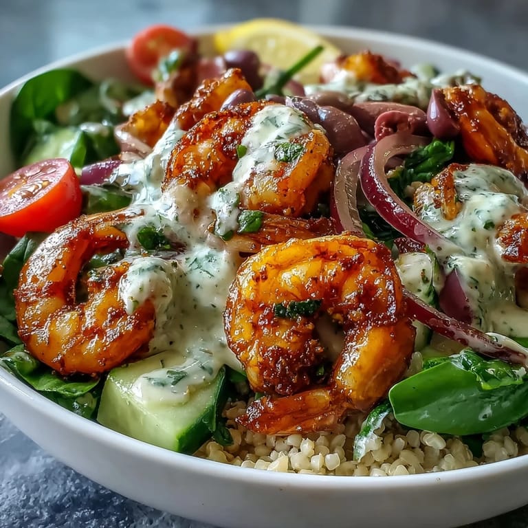 A close-up of a Mediterranean Shrimp Bowl with warm grains, crisp veggies, and rich tahini sauce.