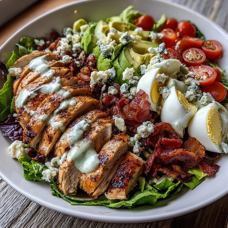 Freshly made Cobb Salad Bowl featuring hard-boiled eggs, tomatoes, and tangy blue cheese, drizzled with ranch.