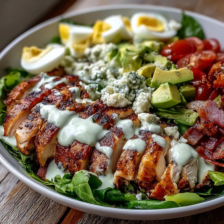 Colorful Cobb Salad Bowl with crunchy bacon, creamy avocado, and juicy grilled chicken over crisp greens.