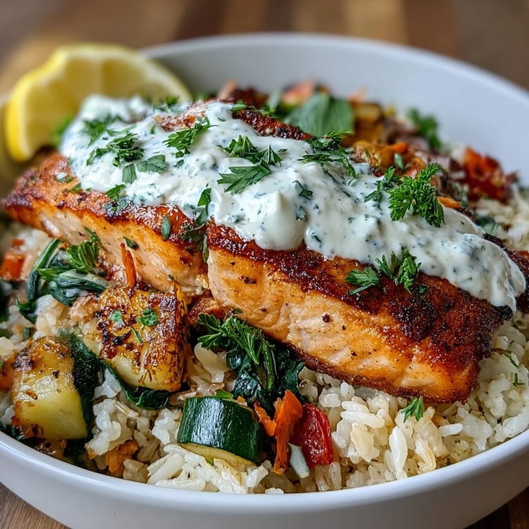 Close-up of Crispy Rice Salmon Bowl showing flaky salmon, crisp rice texture, and zesty lemon-yogurt drizzle.