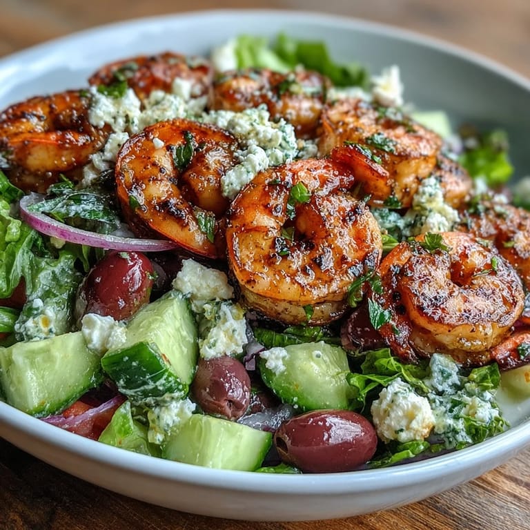 Close-up of a Greek Shrimp Bowl showing juicy grilled shrimp, briny olives, feta crumbles, and a zesty lemon-olive oil drizzle.