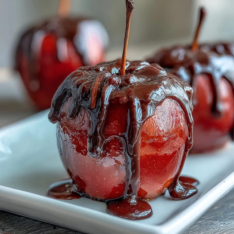 A close-up shows Classic Red Candy Apples with White Chocolate Drizzle, highlighting the rich red candy shell and delicate white chocolate drizzle cascading over the surface.