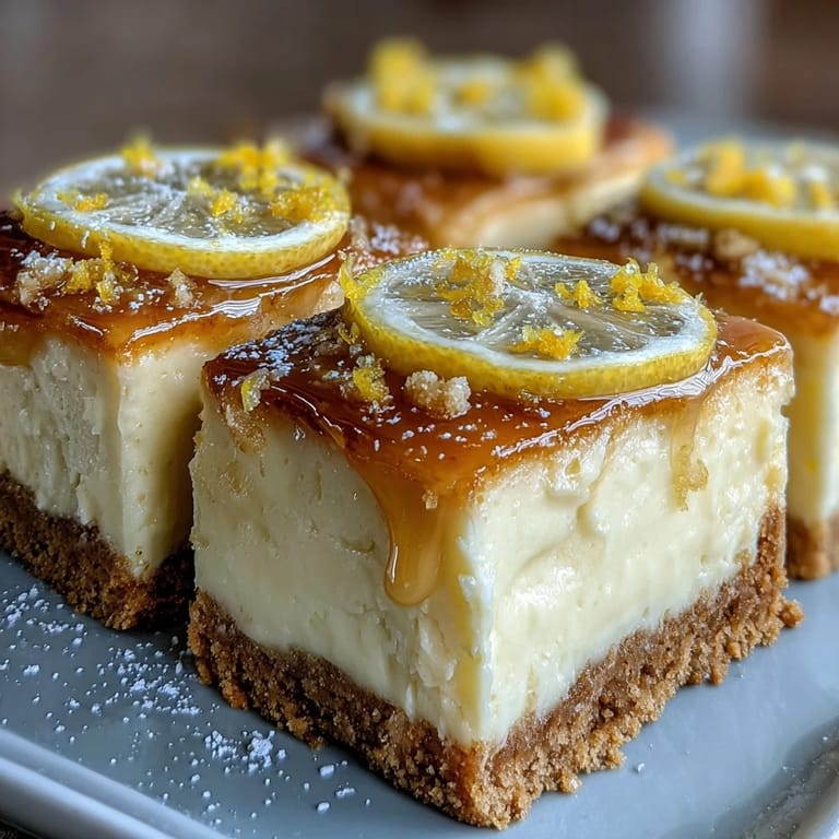 Elegant limoncello cheesecake squares with tangy lemon flavor and golden graham cracker crust, ideal for dessert tables or gatherings.