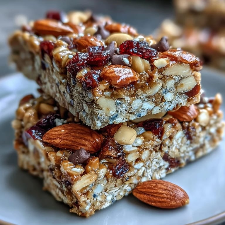 Close-up of No-Bake Granola Energy Bars, chewy and packed with wholesome ingredients, ready for a quick energy boost.