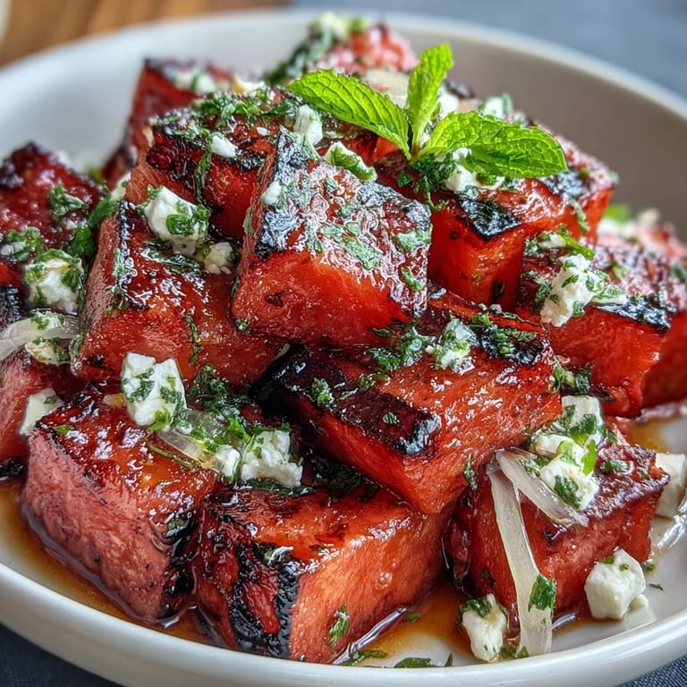 A vibrant summer dish of grilled watermelon, creamy feta, and aromatic mint, drizzled with balsamic glaze for a sweet-tart finish.