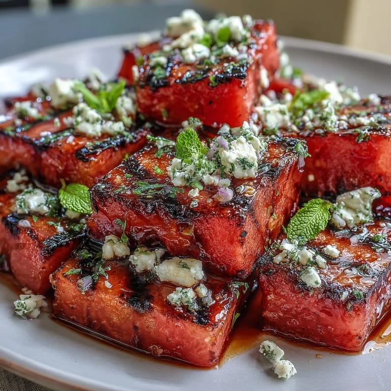 Refreshing grilled watermelon cubes paired with salty feta, red onion, and mint, perfect for a light vegetarian appetizer or side.