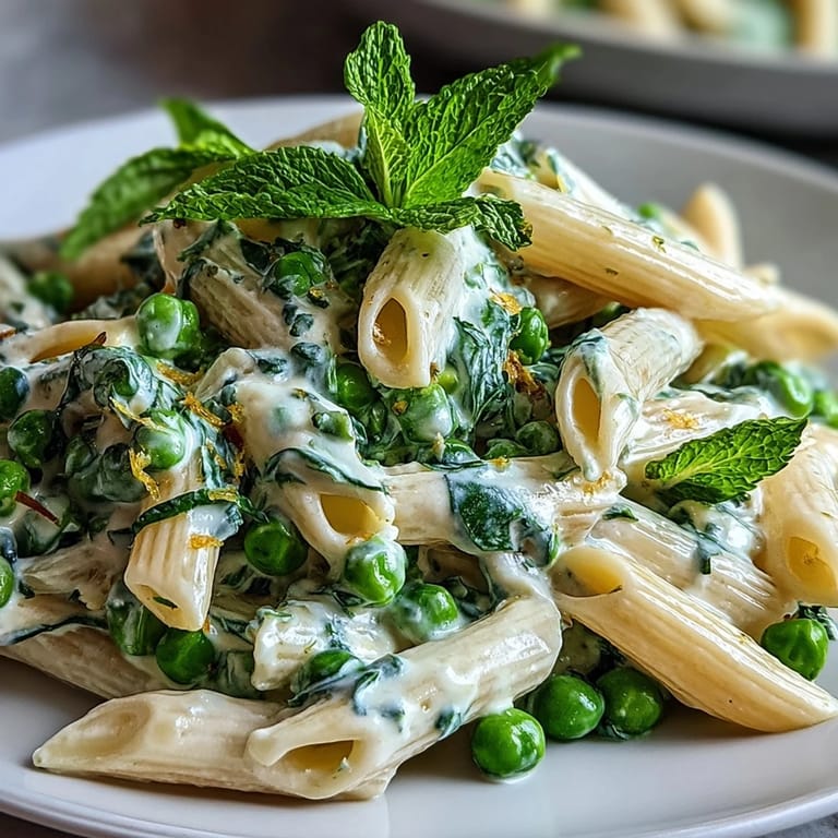 Vibrant pea and ricotta pasta with mint, served in a white bowl with grated Parmesan and a sprinkle of fresh herbs.