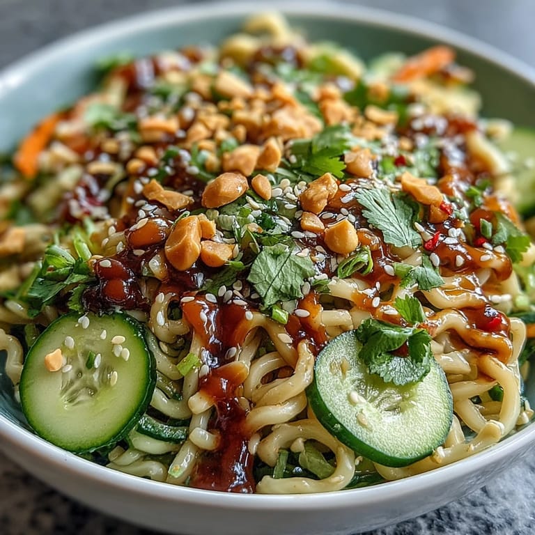 Creamy sesame noodles with julienned cucumber and carrots, garnished with sesame seeds and cilantro. Perfect vegetarian lunch for warm days.