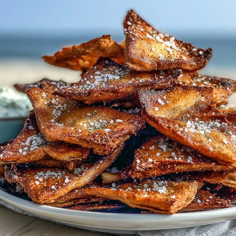 Golden-baked pita chips with tzatziki — a crunchy, savory snack served alongside refreshing cucumber-yogurt dip.