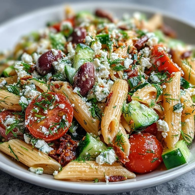 Vibrant Summer Pasta Salad with Kalamata olives, feta cheese, and crisp vegetables, dressed in a zesty olive oil and oregano vinaigrette.