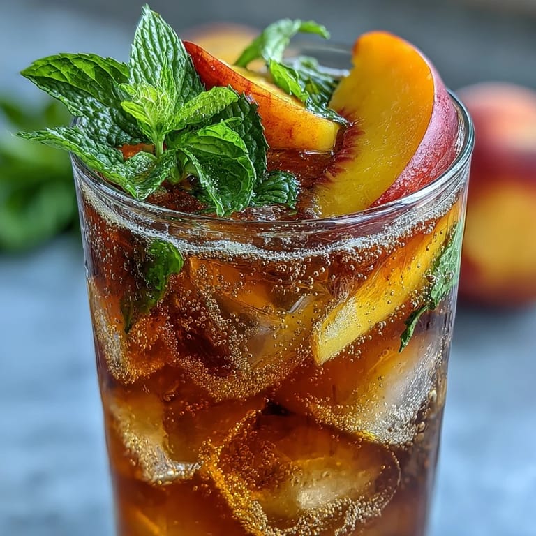 Cool glasses of Mango Peach Sparkling Tea topped with peach and mango slices, ideal for hot afternoons or festive brunches.